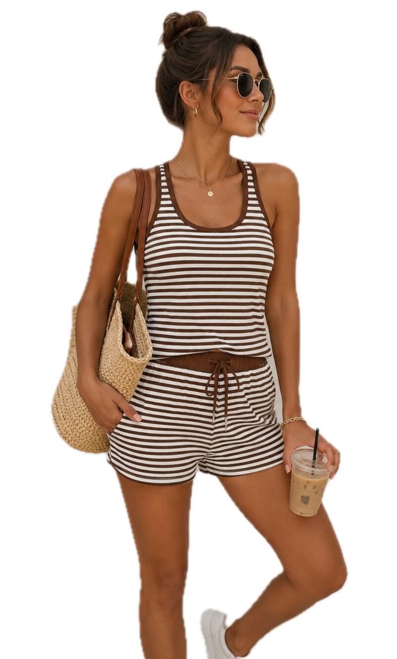 NWT Boutique Brown White Striped Ribbed Tank Shorts Matching Lounge Set L 8/10